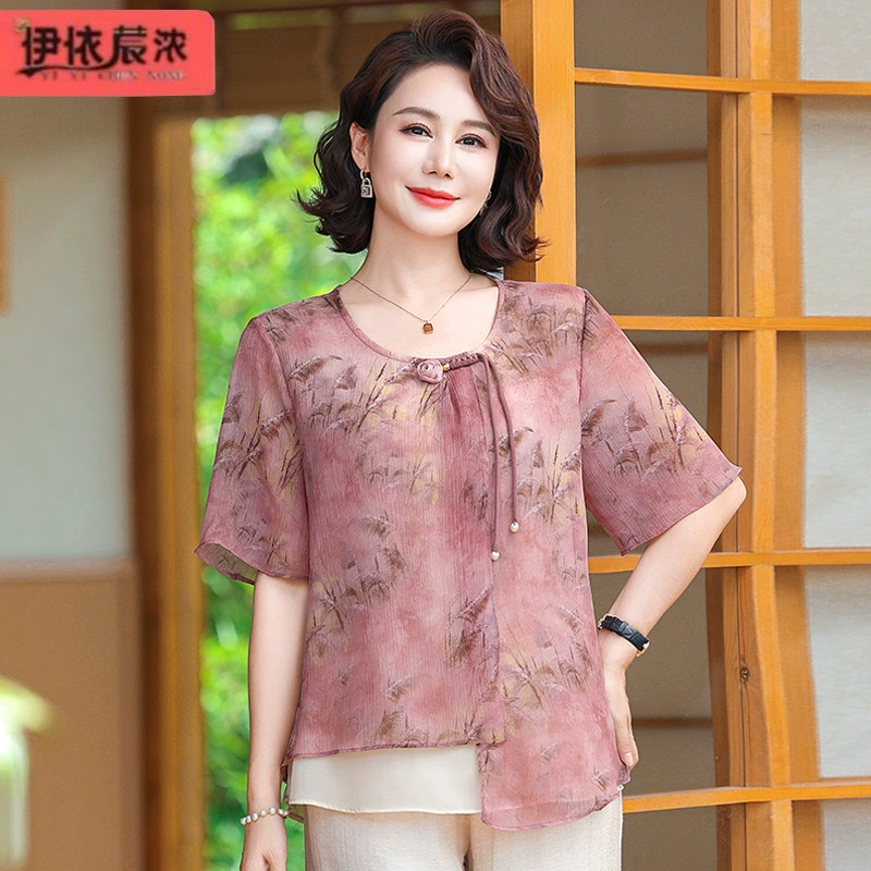 50-летняя мама летняя одежда для покрытия живота прохладная шифоновая рубашка с короткими рукавами 2024 летом новая классная футболка для женщин среднего и пожилого возраста