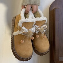 2023冬季新款美拉德色系蝴蝶结森系雪地靴女鞋棉鞋加绒保暖厚棉美