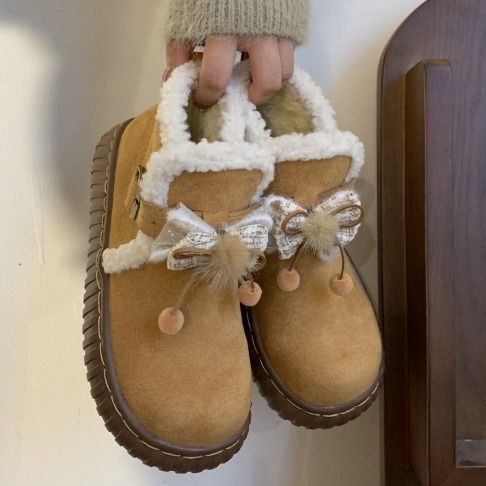 2023冬季新款美拉德色系蝴蝶结森系雪地靴女鞋棉鞋加绒保暖厚棉美