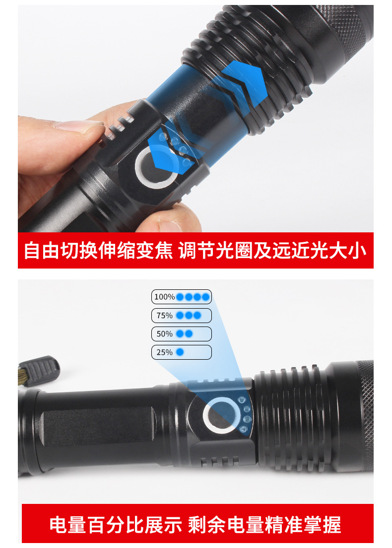 Xiaoqiying Zoom Ultra-Bright Led Flashlight Strong Light Rechargeable Outdoor Long-Range Multi-Functional Explosion-Proof Self-Defense Patrol