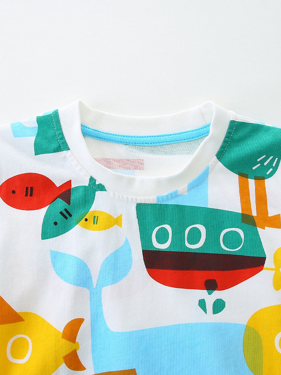Verano nuevos productos de camisetas infantiles estilo europeo y americano interesante impresión de camisetas de manga corta para niños camisetas de algodón de punto de cuello redondo para niños camisetas