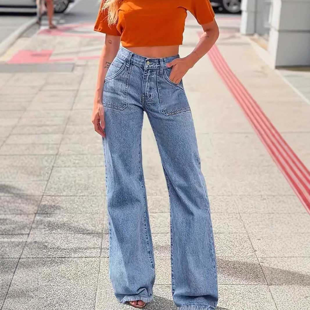 Jeans de pierna ancha para mujer de mezclilla de algodón con bolsillos grandes image 3