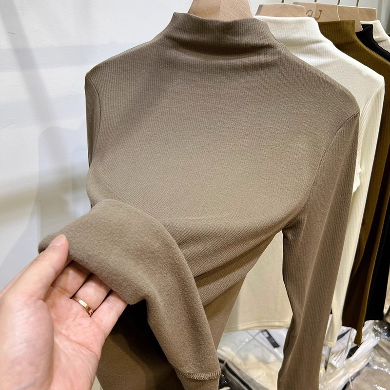 High-End Ribbed Brushed Base Layer Shirt, Autumn and Winter Long-Sleeved T-Shirt, Women's Half-High Collar Ribbed Stretch Top, Knitted Top