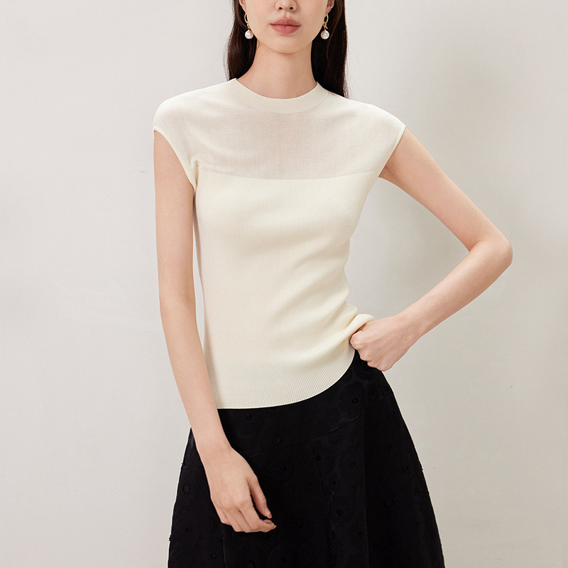 Women's Lyocell Tencel Micro-transparent Stitching Round Neck Slim-fit Knitted Short-sleeved T-shirt