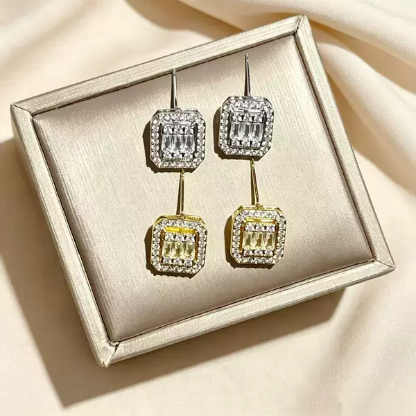 Korean-Style Full Diamond Square Earrings, Niche Luxury High-End Women's Square Zircon Micro-Inlaid Earrings