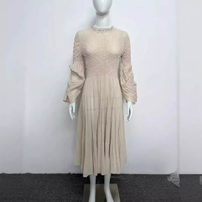 Miyake Mid-length Heavy Industry Pleated Dress Round Neck Beaded Waist Puff Sleeves Slim-fit Elegant