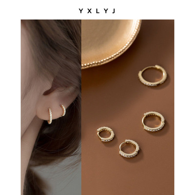 925银针耳扣韩版小清新单排镶钻圆形睡觉免摘耳环简约文艺小耳圈|ru