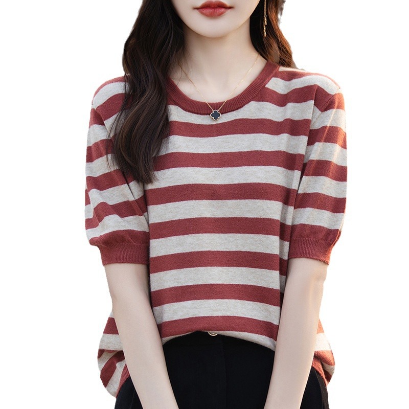 Knitted summer thin sweater with a round collar