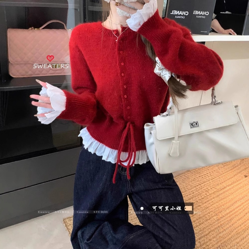 Lace Splicing Lace-Up New Year's Red Sweater Jacket for Women Spring & Fall Small Waist Short Knitted Cardigan Top