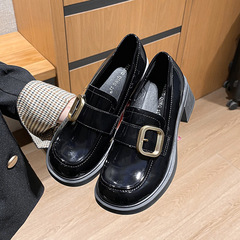 高粗跟小皮鞋小眾復古赫本風樂福鞋女黑色瑪麗珍漆皮高級感單鞋33