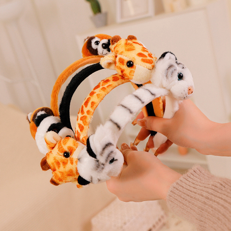 Cross-border simulation animal hairband plush tiger raccoon panda doll hairband funny face washing photo performance props