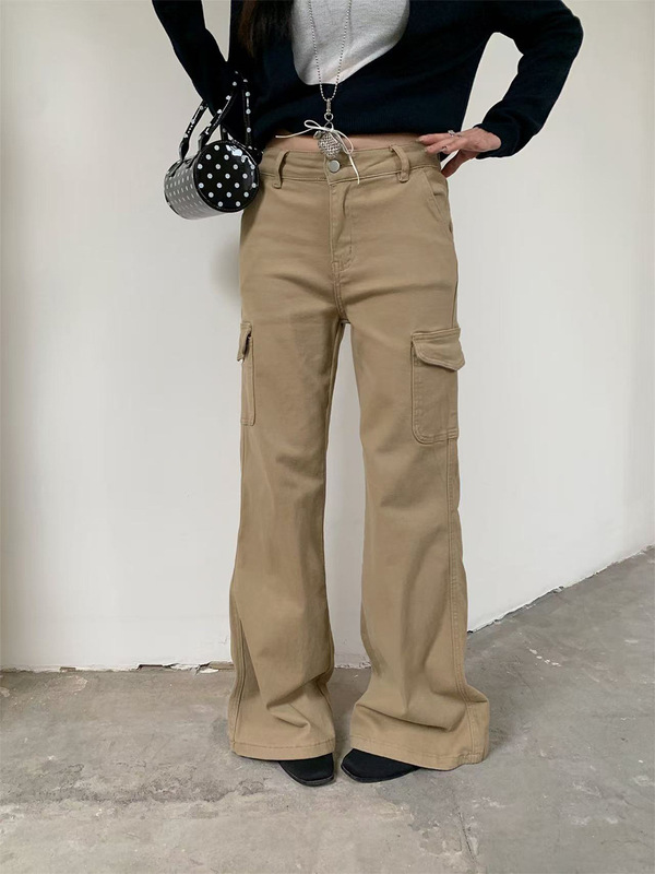 誉一新款2025秋季美式工装微喇牛仔裤小众个性卡其色长裤女c93370|undefined