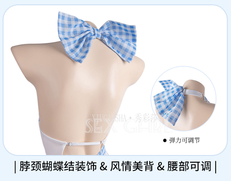 Plus-Size Maid Roleplay Lingerie Set, Blue Plaid Nightgown with Apron, Sleeves, Panties and Bow Stockings — detail image 17