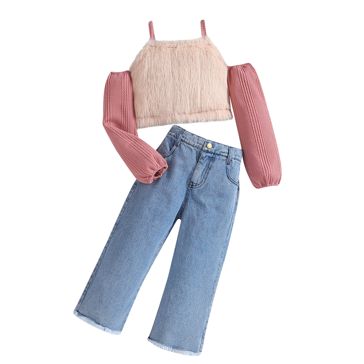 Kinder kleidung herbst outfit neue kinder hosenträger langarm top modische jeans mädchen zwei-stück set_voghion.com
