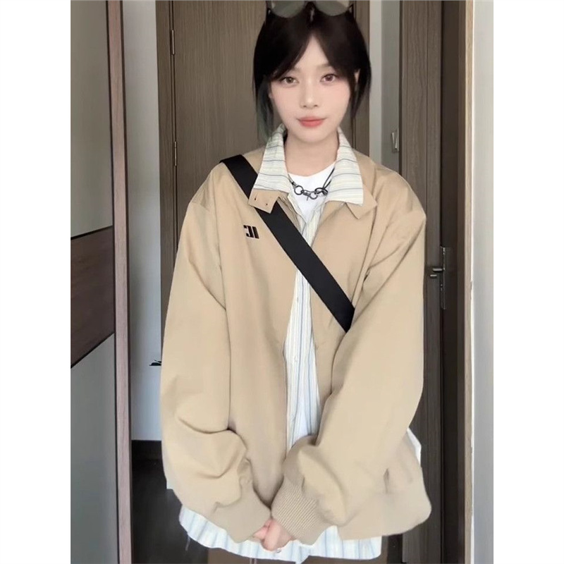 美式休闲立领夹克外套秋季新款宽松显瘦百搭简约印花外搭潮上衣