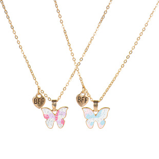 Cross-border hot sale children's little girl 2 necklace cute blue pink broken flash butterfly jewelry wholesale