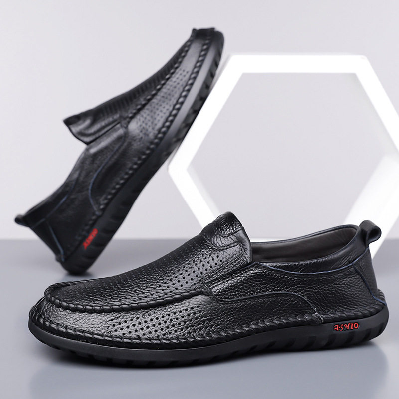 Dép sandal nam da bò thật thoáng khí lỗ rỗng, dép lê mùa hè gót thấp 1-3 cm — nâu, đen