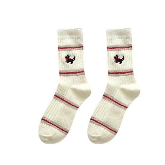 White Socks Women's Spring and Autumn Ins Trendy Pure Cotton Mid-length Socks Cute Japanese Line Puppy Design Sense Stockings Summer