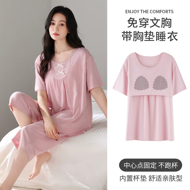 Pijama, summer top with cups, cotton thin trousers, set, sewn from modal, oversize