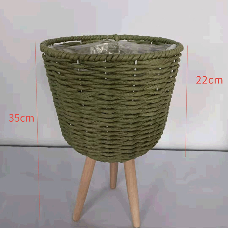 Piso de La Flor soporte de madera pierna piso flor soporte tejida flor olla sala de estar balcón decoración flor cesta paja tejido piso soporte