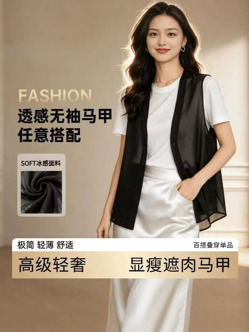 Summer Fashion Loose-Fitting Slimming Versatile Sleeveless Breathable Vest Casual Black Chiffon Thin Collar Vest