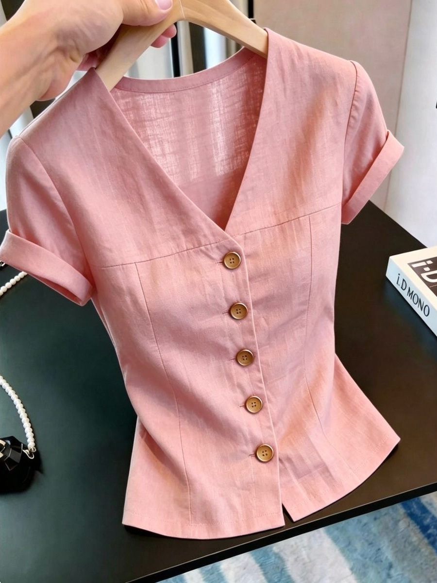 Áo sơ mi nữ cổ V tay ngắn phong cách đơn giản — màu hồng