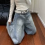 宽松拖地显瘦水洗牛仔裤