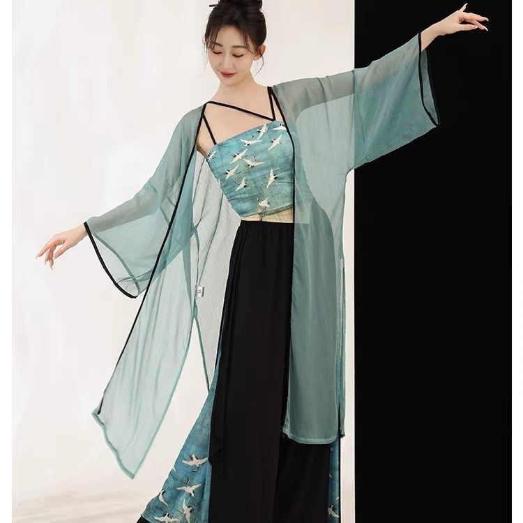 新しいスタイルの古典的なダンスの青蛇中国式のふわふわしたガーゼの服のプリントのズボンのスカートの中国風の現代的なダンスの演出の練習服|undefined