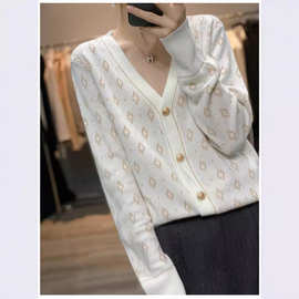 秋季新款六菱形金线V领开衫外套精纺羊毛针织衫女小香风长袖外搭