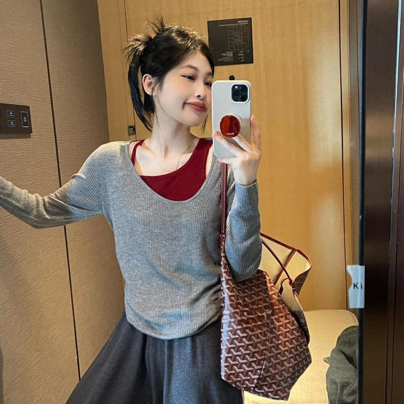 大码女装胖mm穿搭慵懒风显瘦假两件拼接撞色小众设计感针织上衣女|undefined