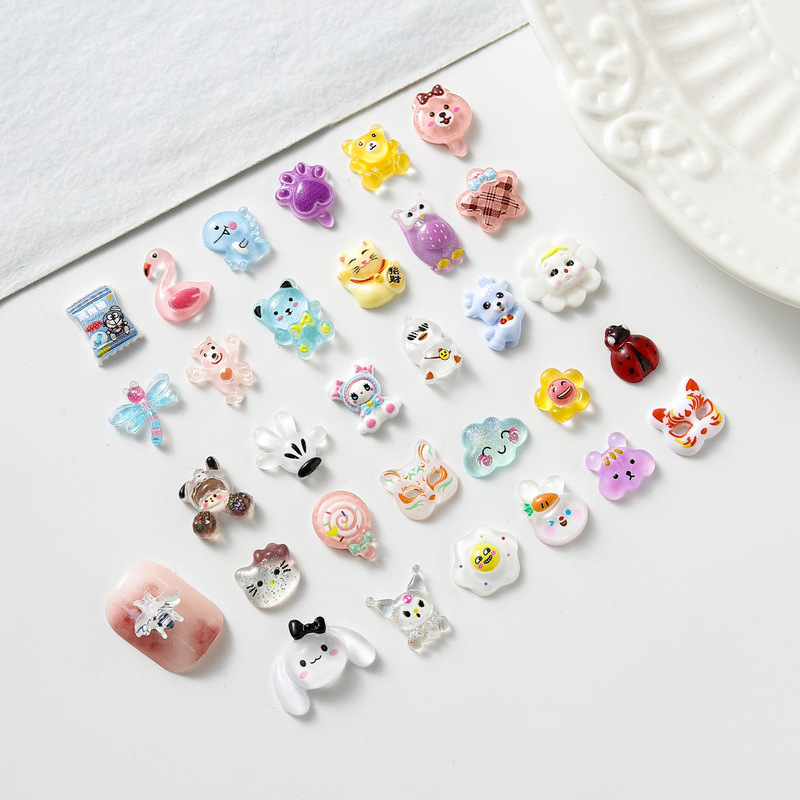 Mixed Cartoon Nail Art Decorations Wholesale Cute Little Animal Food and Toy Mixed Decorations DIY Resin Rhinestone Nail Accessories