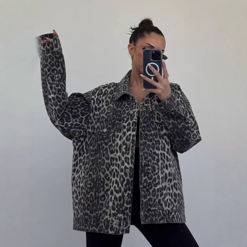 2024 New American Style Retro Leopard Print Niche Lapel Denim Jacket Spring Fashion Loose All-match Fashionable Jacket
