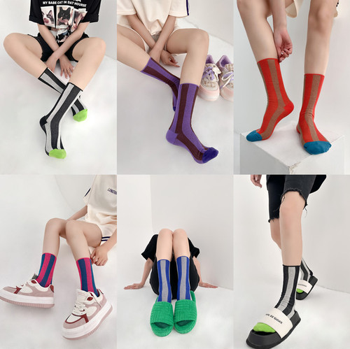  new lines, contrasting stripes, color-blocking mid-calf socks, double-needle, double-way design, pure cotton sports socks for men and women