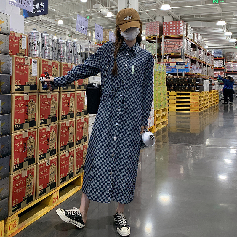 Real Shot of Checkered Denim Dress 2025 New Style French Elegant Commuter Style Super Stylish Ankle-Length Dress