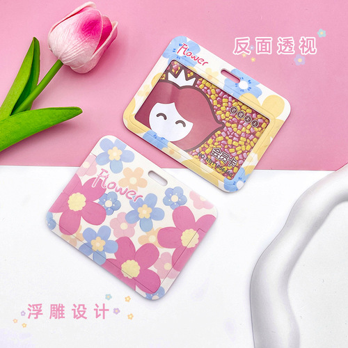Slide cover embossed horizontal card holder student campus bus subway access control IC card bag anti-lost hanging neck protective cover wholesale
