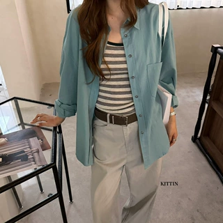 KITTIN简约基础百搭慵懒风磨毛长袖衬衣女春秋宽松纯色口袋衬衣