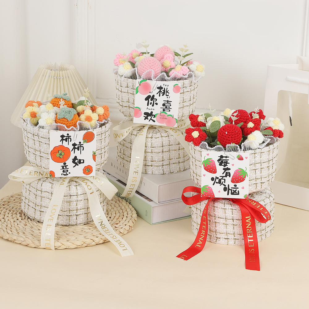 Día de la Madre Clavel de incienso pequeño tejido de flores de punto ramo de lana para esposa, novia, madre, regalo de cumpleaños