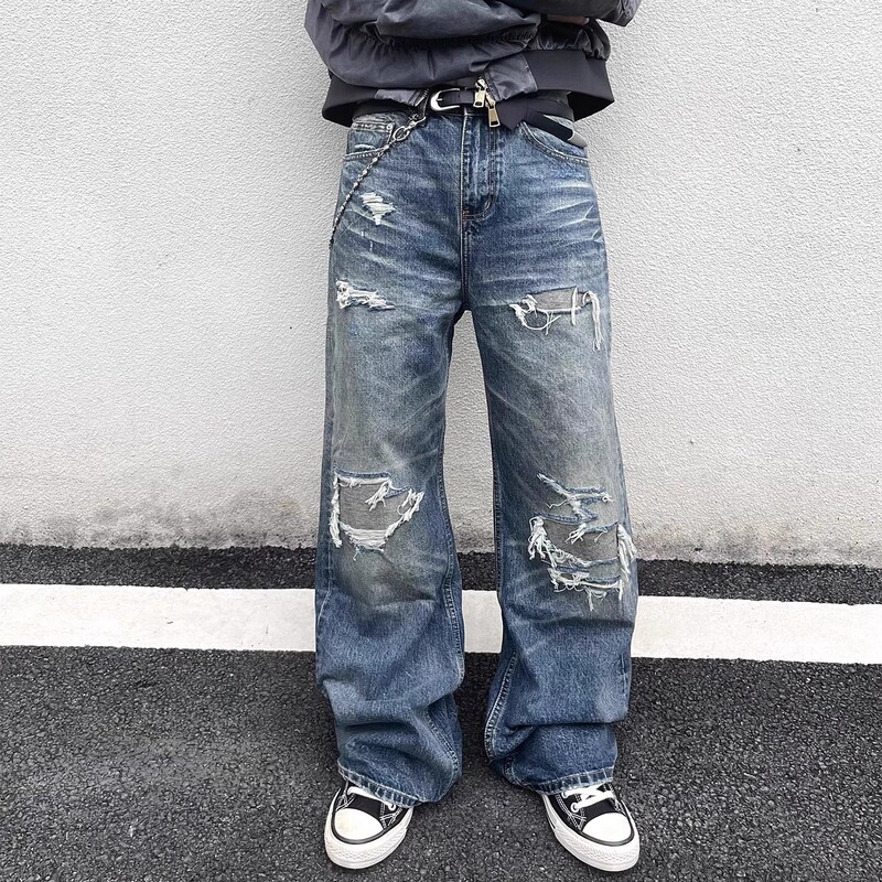 2025 American Washed Distressed Knife-Cut Patch Whiskers Retro Battle Bull King Loose Straight Jeans
