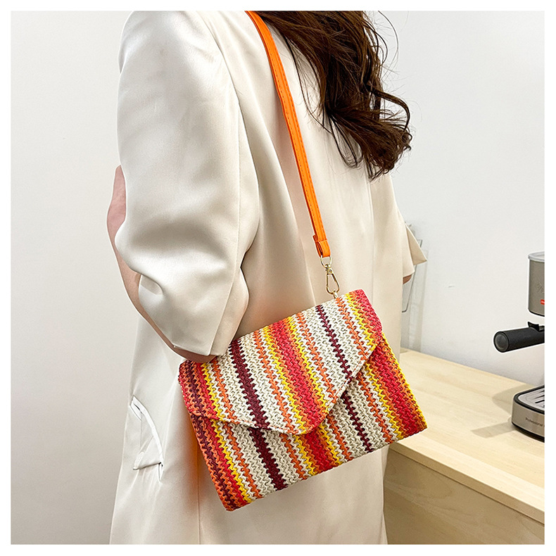 Straw Material Women's Straw Stripe Ethnic Style Classic Style Weave Square Magnetic Buckle Straw Bag