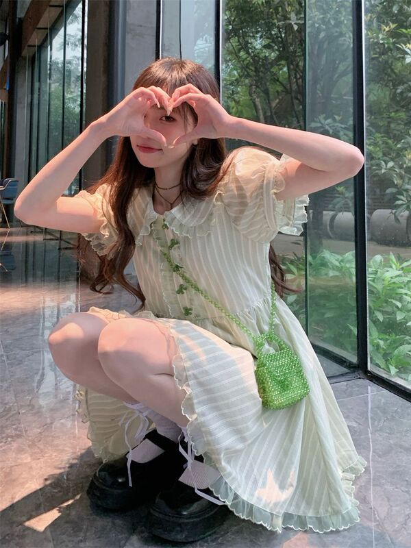 Summer New Style French Gentle Style Sweet Vanilla Dress Super Fairy Student Puff Sleeve Striped Waist Skirt