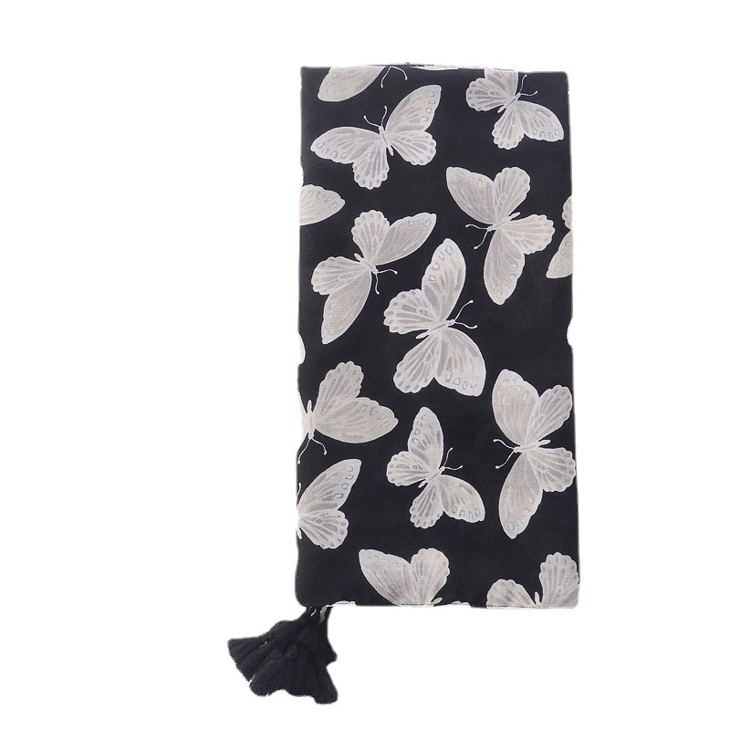 Amazon transfronteriza Venta caliente de algodón y lino siente la bufanda de las mujeres primavera y verano mariposa negro espiga trenza borla bufanda