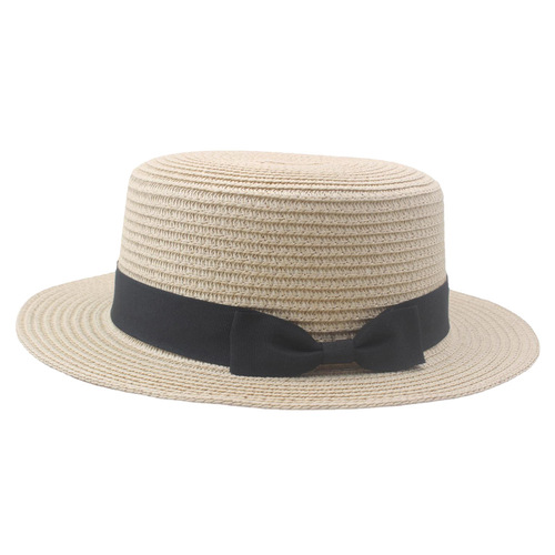 Summer Korean style straw hat, trendy female British fresh top hat, small pepper bow flat top sunshade beach hat