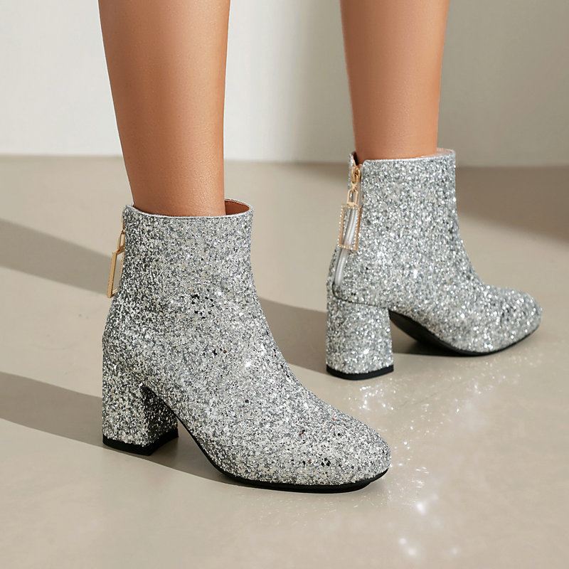 Short Boots plus size Round Head Sequins Thick Heel High Heel Women's Boots Gold and Silver Sequins Cute Low Boots Women's Boots
