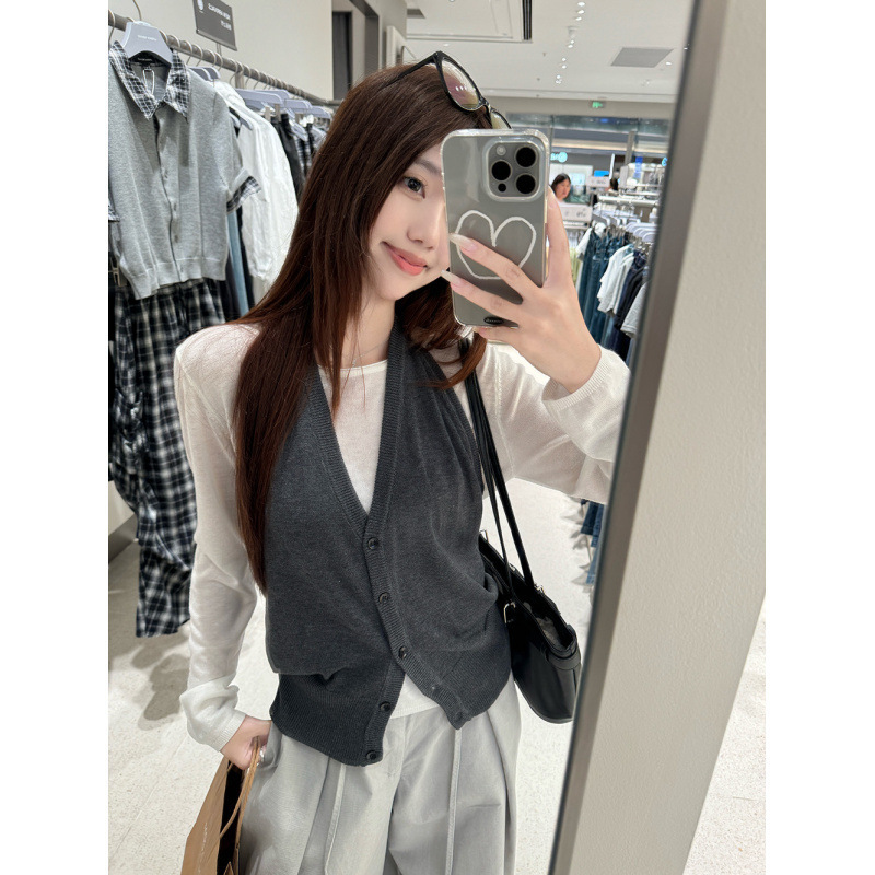 韩系叠穿挂脖针织背心马甲+白色针织衫+灰色系带阔腿裤套装女|undefined