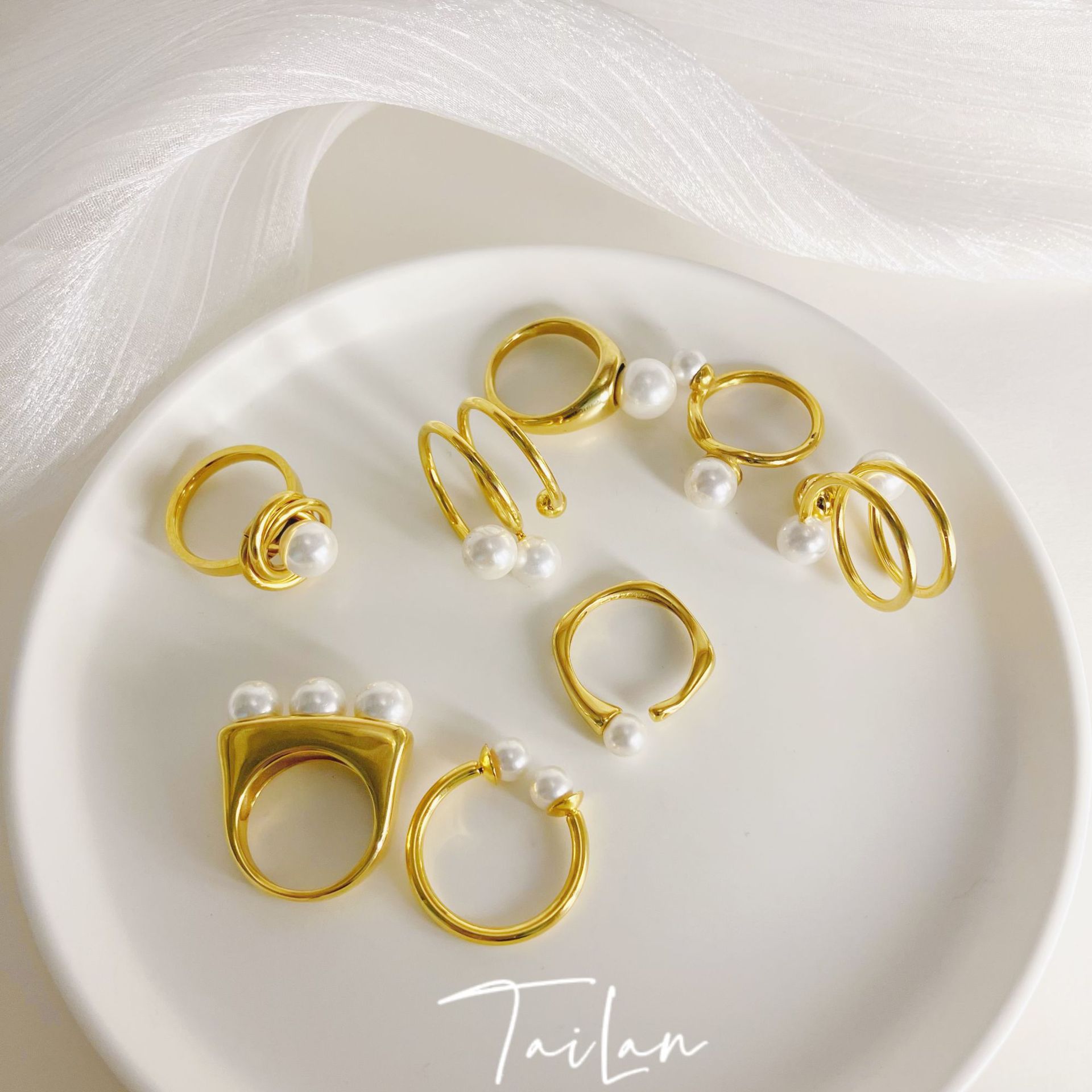 Retro Geometric Stainless Steel Pearl Rings 1 Piece