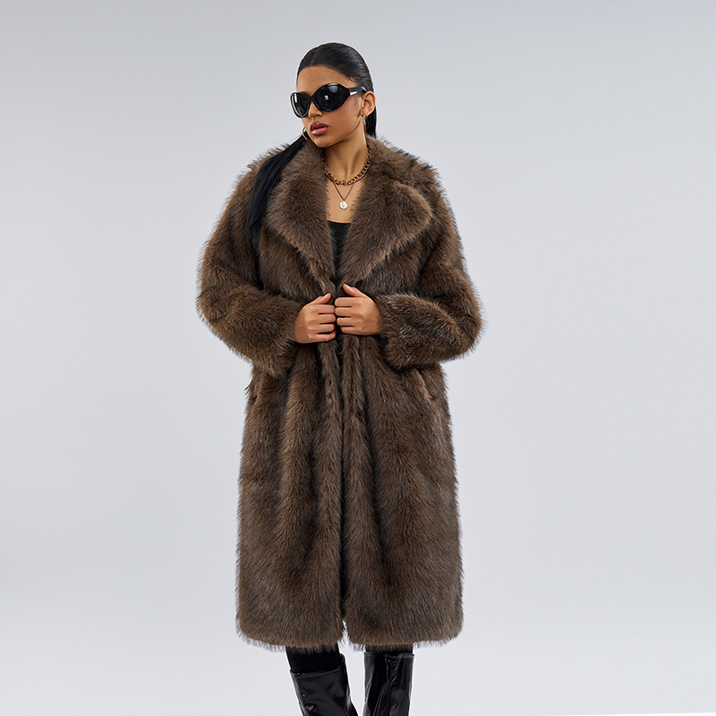 Women's Faux Fox Fur Long Coat – Winter Elegance Jacket With Luxe Collar (Brown, S/M/L/XL/XXL)_voghion.com