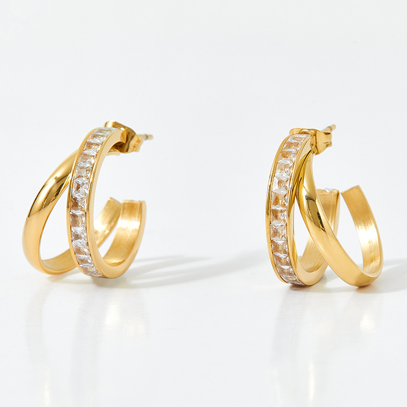 Hoop Earrings Classification 16K Gold, White Gold Plated, Gold Plating Plating Color Fashion C Shape Inlay 304 Stainless Steel Zircon 16K Gold Plated White Gold Plated Gold Plated Stainless Steel Earrings