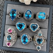 尼泊尔纯手工925银镶嵌蓝托帕石蓝托帕粉托帕宝石银戒指蓝切方无