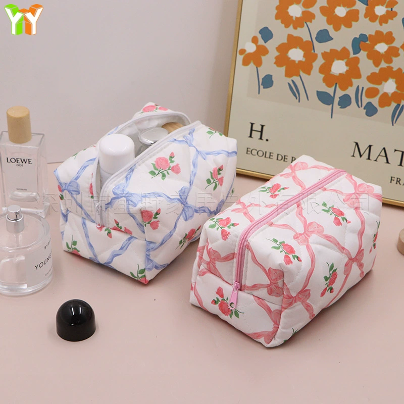 High quality blue cosmetic bag with bow, organizer bag