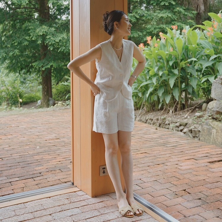 100 Linen White Vest + Shorts Set Fashionable Vintage Vest Set